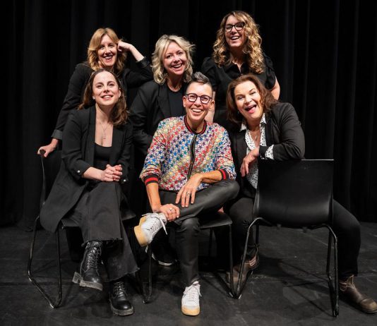 All-female comedy ensemble Girls Nite Out will be returning to Market Hall Performing Arts Centre in downtown Peterborough on January 16, 2025 to kick off their 20th anniversary year with a stand-up and improv show called "Winter Extravaganza!" Pictured from left to right back to front are Karen Parker, Jennine Profeta, Diana Frances, Jordan Armstrong, and Elvira Kurt, along with special guest Linda Kash, who will be joining Girls Nite Out the day before her milestone birthday. (Photo: Dahlia Katz)