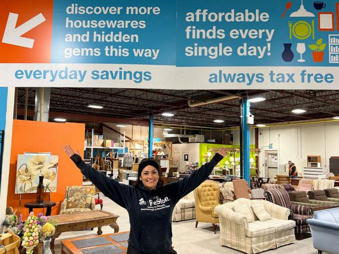 Peterborough ReStore manager Carmen Hawryszko celebrates the newly expanded store at 300 Milroy Drive. Habitat for Humanity Peterborough & Kawartha Region (Habitat PKR) is inviting the community to attend a grand reopening celebration on January 24, 2026. (Photo: Habitat PKR)