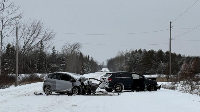 A 60-year-old Orillia woman died following a head-on collision on on Killarney Bay Road north of Lindsay on January 5, 2026. (Photo: Kawartha Lakes OPP)