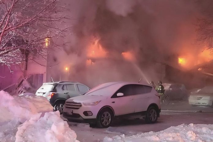 Firefighters battle a blaze that broke out in the early morning hours of January 30, 2026 at Maple Court Apartments at 8 King Street West in Colborne. Around 20 residents at the seniors' apartment complex operated by Northumberland County Housing Corporation have been displaced, with one resident missing. (Photo: Northumberland County OPP)
