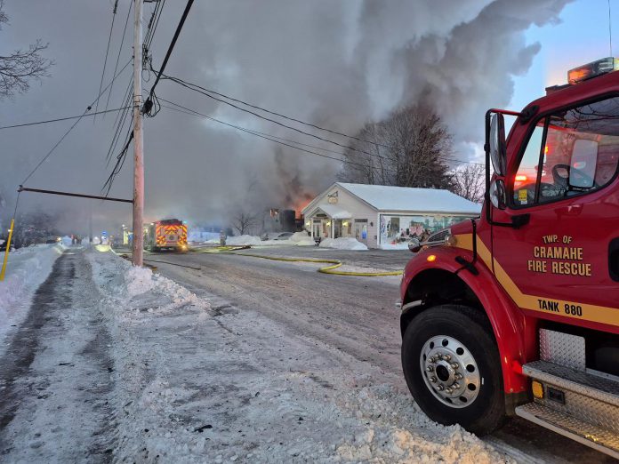 Firefighters battle a blaze that broke out in the early morning hours of January 30, 2026 at Maple Court Apartments at 8 King Street West in Colborne. Around 20 residents at the seniors' apartment complex operated by Northumberland County Housing Corporation have been displaced, with one resident missing. (Photo: Northumberland County OPP)