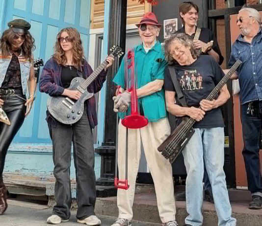 Peterborough Musicians Benevolent Association (PMBA) Deluxe Live presents The Jethro's Blues Jam All-Stars, featuring Al Black on vocals/drums/harp, Jeremy Spencley on guitar/vocals, J.P. Hovercraft on bass/vocals, Lucy Ferrill on guitar/vocals, Parker Farris on guitar, Caitlin O'Connor on vocals, Frank Barth on trombone, and Maddy Hope on drums, at The Social Pub in downtown Peterborough on Saturday afternoon. (Photo via PMBA Facebook page)