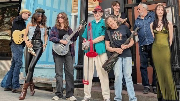 Peterborough Musicians Benevolent Association (PMBA) Deluxe Live presents The Jethro's Blues Jam All-Stars, featuring Al Black on vocals/drums/harp, Jeremy Spencley on guitar/vocals, J.P. Hovercraft on bass/vocals, Lucy Ferrill on guitar/vocals, Parker Farris on guitar, Caitlin O'Connor on vocals, Frank Barth on trombone, and Maddy Hope on drums, at The Social Pub in downtown Peterborough on Saturday afternoon. (Photo via PMBA Facebook page)