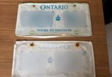 Police seized these licence plates made out of paper from a vehicle in Peterborough on January 10, 2026. The plate number (which police have redacted in the photo) belonged to a vehicle in Mississauga. (Photo: Peterborough Police Service)
