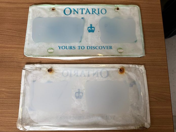 Police seized these licence plates made out of paper from a vehicle in Peterborough on January 10, 2026. The plate number (which police have redacted in the photo) belonged to a vehicle in Mississauga. (Photo: Peterborough Police Service) Police seized these licence plates made out of paper from a vehicle in Peterborough on January 10, 2026. The plate number (which police have redacted in the photo) belonged to a vehicle in Mississauga. (Photo: Peterborough Police Service)