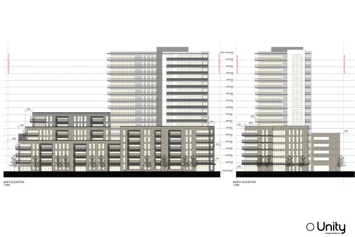 Ashburnham Realty's concept plan for a proposed 17-storey mixed-use high-rise on Crescent Street behind the Art Gallery of Peterborough and near the shore of Little Lake. The development would include 210 market-rent units and ground floor commercial space. (Graphic: Unity Design Studio Inc.)