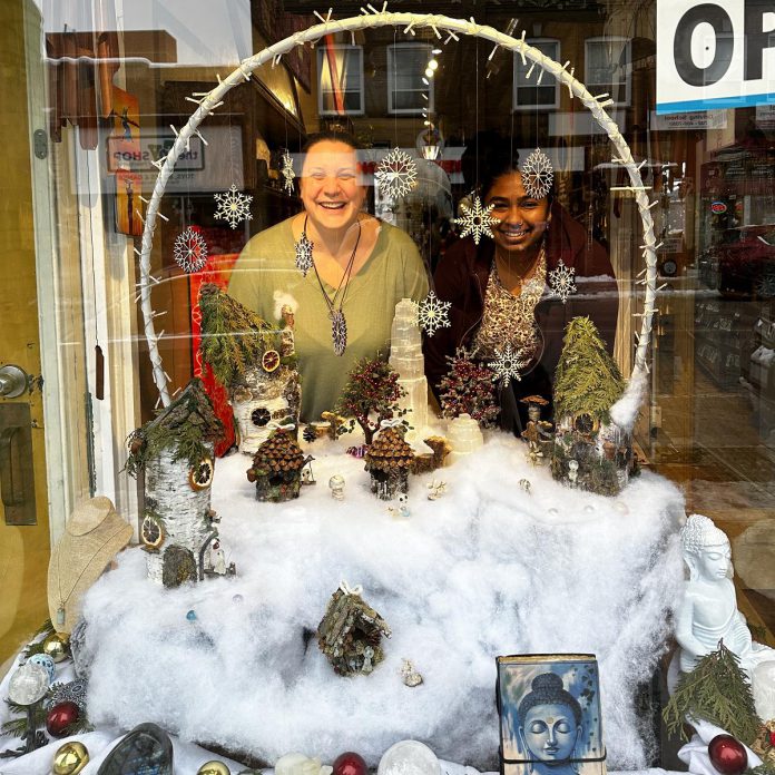 The window display at Lavender Moon in downtown Peterborough tied for first place with Kingan Home Hardware in the annual Holiday Window Contest organized by the Peterborough Downtown Business Improvement Area (DBIA), and Brant Basics came in second. (Photo: Peterborough DBIA)