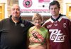 Peterborough Petes merchandise director Mark Million, Survivors Abreast board of directors president Janice James, and Petes captain Carson Cameron during a media conference at the Peterborough Memorial Centre on January 6, 2024 where details of the 17th annual Pink in the Rink campaign were announced. (Photo: Connor Massie / Peterborough Petes)