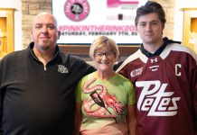 Peterborough Petes merchandise director Mark Million, Survivors Abreast board of directors president Janice James, and Petes captain Carson Cameron during a media conference at the Peterborough Memorial Centre on January 6, 2024 where details of the 17th annual Pink in the Rink campaign were announced. (Photo: Connor Massie / Peterborough Petes)