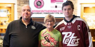Peterborough Petes merchandise director Mark Million, Survivors Abreast board of directors president Janice James, and Petes captain Carson Cameron during a media conference at the Peterborough Memorial Centre on January 6, 2024 where details of the 17th annual Pink in the Rink campaign were announced. (Photo: Connor Massie / Peterborough Petes)