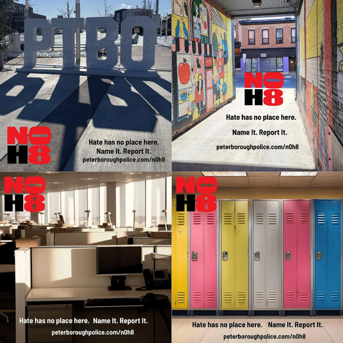 Some of the supporting graphics that are part of the Peterborough Police Service's "N0H8" public education and awareness campaign aimed at increasing the reporting of hate-motivated incidents and improving community understanding of hate and bias. Police are asking residents, businesses, and schools to help share the N0H8 message. (Graphics: Peterborough Police Service)