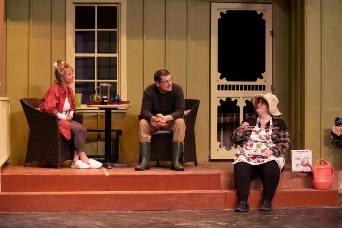 Colleen White-Goodchild as Suzanne, Kevin O'Neill as Patrick, and Lyndele Gucci as Glenda during a rehearsal for the Peterborough Theatre Guild's production of "Where You Are" by Canadian playwright Kristen Da Silva, which runs for 10 performances from January 16 to 31, 2026. (Photo: Jordan Lyall Photography)