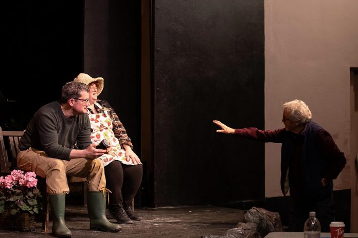 Director Jerry Allen speaks with actors Kevin O'Neill and Lyndele Gucci during a rehearsal for the Peterborough Theatre Guild's production of "Where You Are" by Canadian playwright Kristen Da Silva, which runs for 10 performances from January 16 to 31, 2026. (Photo: Jordan Lyall Photography)