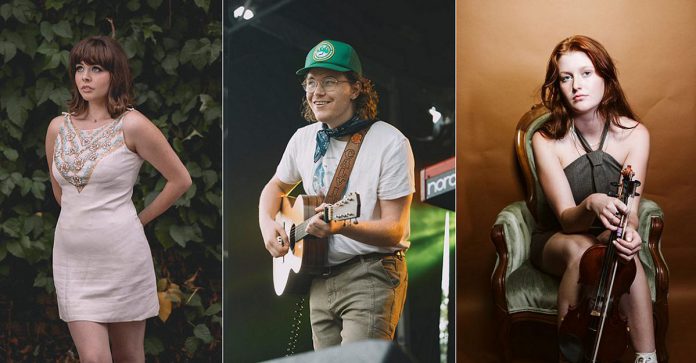 Jeanne Truax, Calvin Bakelaar (aka VANCAMP), and Irish Millie, who are three past recipients of the Peterborough Folk Festival's Emerging Artist award, will perform at the Market Hall in downtown Peterborough on January 23, 2026. (kawarthaNOW collage