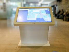The MazeMap touchscreen kiosk in the main entrance of Peterborough Regional Health Centre (PRHC), one of five kiosks available throughout the hospital building to help patients and visitors find their way around the hospital. (Photo: PRHC)