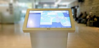 The MazeMap touchscreen kiosk in the main entrance of Peterborough Regional Health Centre (PRHC), one of five kiosks available throughout the hospital building to help patients and visitors find their way around the hospital. (Photo: PRHC)