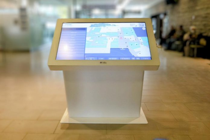 The MazeMap touchscreen kiosk in the main entrance of Peterborough Regional Health Centre (PRHC), one of five kiosks available throughout the hospital building to help patients and visitors find their way around the hospital. (Photo: PRHC)