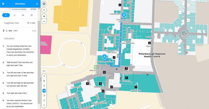 A sample map from the MazeMap app showing walking directions from central registration at PRHC to the seniors care clinics. (kawarthaNOW screenshot)