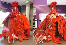 Ash Street, a Michi Saagiig artist of Nogojiwanong/Peterborough and Hiawatha First Nation, created the initial piece for "The Red Dress: A Community Art Installation" in April 2025 at the Peterborough Public Library and invited community members to fill in open spaces on the dress with donated textiles and materials on hand. The exhibit is now installed in the main foyer of Peterborough City Hall. (Photos: Peterborough Public Library)