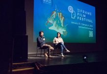 Peterborough filmmaker Rob Viscardis during the 2024 ReFrame Film Festival speaking about his film "Kirby's House" in a Q&A with moderator Luka Stojanovic. Since screening his first feature documentary at the festival in 2016, Viscardis has been a regular attendee at the annual festival and will be taking part in a Q&A alongside Duoro artist Garrett Gilbart following the screening of "Echoes in Steel" on Friday, January 30 at 4:45 p.m. at Showplace Performance Centre in downtown Peterborough during the 2026 ReFrame Film Festival, and will also be available online. (Photo courtesy of ReFrame Film Festival)