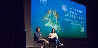 Peterborough filmmaker Rob Viscardis during the 2024 ReFrame Film Festival speaking about his film "Kirby's House" in a Q&A with moderator Luka Stojanovic. Since screening his first feature documentary at the festival in 2016, Viscardis has been a regular attendee at the annual festival and will be taking part in a Q&A alongside Duoro artist Garrett Gilbart following the screening of "Echoes in Steel" on Friday, January 30 at 4:45 p.m. at Showplace Performance Centre in downtown Peterborough during the 2026 ReFrame Film Festival, and will also be available online. (Photo courtesy of ReFrame Film Festival)