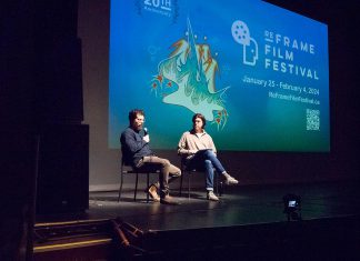 Peterborough filmmaker Rob Viscardis during the 2024 ReFrame Film Festival speaking about his film "Kirby's House" in a Q&A with moderator Luka Stojanovic. Since screening his first feature documentary at the festival in 2016, Viscardis has been a regular attendee at the annual festival and will be taking part in a Q&A alongside Duoro artist Garrett Gilbart following the screening of "Echoes in Steel" on Friday, January 30 at 4:45 p.m. at Showplace Performance Centre in downtown Peterborough during the 2026 ReFrame Film Festival, and will also be available online. (Photo courtesy of ReFrame Film Festival)