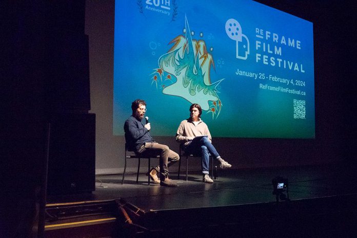 Peterborough filmmaker Rob Viscardis during the 2024 ReFrame Film Festival speaking about his film "Kirby's House" in a Q&A with moderator Luka Stojanovic. Since screening his first feature documentary at the festival in 2016, Viscardis has been a regular attendee at the annual festival and will be taking part in a Q&A alongside Duoro artist Garrett Gilbart following the screening of "Echoes in Steel" on Friday, January 30 at 4:45 p.m. at Showplace Performance Centre in downtown Peterborough during the 2026 ReFrame Film Festival, and will also be available online. (Photo courtesy of ReFrame Film Festival)
