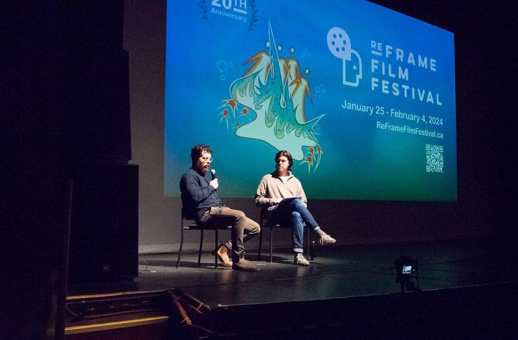 Peterborough filmmaker Rob Viscardis during the 2024 ReFrame Film Festival speaking about his film "Kirby's House" in a Q&A with moderator Luka Stojanovic. Since screening his first feature documentary at the festival in 2016, Viscardis has been a regular attendee at the annual festival and will be taking part in a Q&A alongside Duoro artist Garrett Gilbart following the screening of "Echoes in Steel" on Friday, January 30 at 4:45 p.m. at Showplace Performance Centre in downtown Peterborough during the 2026 ReFrame Film Festival, and will also be available online. (Photo courtesy of ReFrame Film Festival)