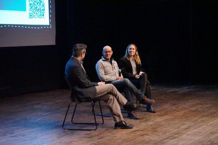 Peterborough filmmaker Rodney Fuentes (middle) and Carlotta James speak in a Q&A moderated by Mark Dickenson at the 2025 ReFrame Film Festival in Peterborough about their film "The Monarch Ultra." Fuentes is editor and co-director of the 20-minute documentary "The Survival of the Wooden Canoe," about a couple who built a business teaching the art of canoe building, which will be screened in person only at 10 a.m. on Sunday, February 1 at Showplace Performance Centre in downtown Peterborough during the 2026 ReFrame Film Festival. (Photo courtesy of ReFrame Film Festival)