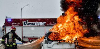 A demonstration in November 2025 conducted by Tulmar Safety Systems with the support of the Hawkesbury Fire Department of the company's KOVA EV fire blanket, a Canadian-engineered and Canadian-made tool designed to support first responders in managing electric vehicle (EV) fires. (Photo: Tulmar Safety Systems)