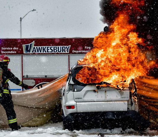A demonstration in November 2025 conducted by Tulmar Safety Systems with the support of the Hawkesbury Fire Department of the company's KOVA EV fire blanket, a Canadian-engineered and Canadian-made tool designed to support first responders in managing electric vehicle (EV) fires. (Photo: Tulmar Safety Systems)