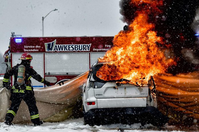 A demonstration in November 2025 conducted by Tulmar Safety Systems with the support of the Hawkesbury Fire Department of the company's KOVA EV fire blanket, a Canadian-engineered and Canadian-made tool designed to support first responders in managing electric vehicle (EV) fires. (Photo: Tulmar Safety Systems)