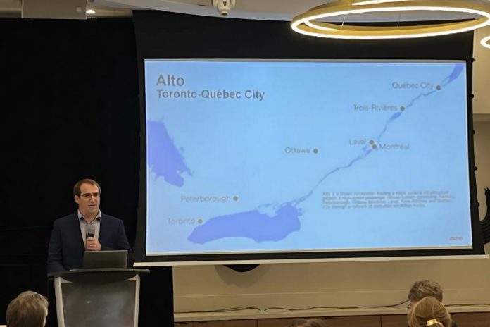 Joel Wiebe, senior advisor of Alto's community relations in Ontario, during a presentation on the high-speed rail project to the Burlington Chamber of Commerce. Previously the Peterborough and Kawarthas Chamber of Commerce's vice president of government relations and operations, Wiebe will be one of the Alto team members who will be available to speak with community members during Alto's drop-in open house at the McDonnell Street Community Centre in Peterborough on February 26, 2026. (Photo courtesy of Alto)