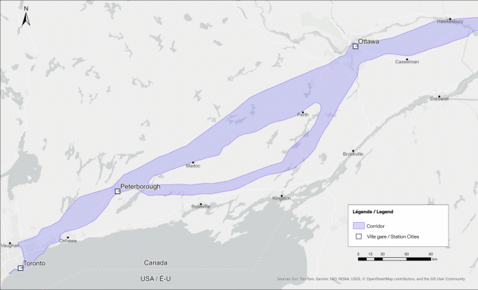 Alto's official map for the study corridor in Ontario, with two scenarios being considered between Ottawa and Peterborough: a northern option that reduces travel distance and community impacts but involves complex work in remote and sensitive areas, and a southern option that is less direct but simplifies construction and operations. Community members can ask questions, provide feedback, and share concerns about the proposed corridor during a drop-in open house on February 26, 2026 at the McDonnel Street Community Centre in Peterborough. (Map courtesy of Alto)