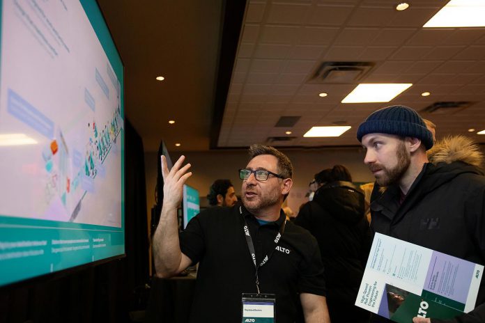 Raymond Beshro, Alto's director of urban interaction, speaks with an attendee during an open house on the proposed high-speed rail network between Toronto and Quebec City held at the McDonnel Street Activity Centre in Peterborough on February 26, 2026. (Photo: Jordan Lyall / kawarthaNOW) Raymond Beshro, Alto's director of urban interaction, speaks with an attendee during an open house on the proposed high-speed rail network between Toronto and Quebec City held at the McDonnel Street Activity Centre in Peterborough on February 26, 2026. (Photo: Jordan Lyall / kawarthaNOW)
