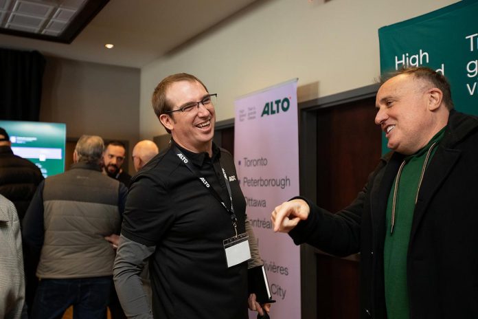 Alto's senior advisor of community relations Joel Wiebe and Peterborough resident Neil Morton during an open house on the proposed high-speed rail network between Toronto and Quebec City held at the McDonnel Street Activity Centre in Peterborough on February 26, 2026. Morton says that having an Alto station in Peterborough is "like winning the lottery." (Photo: Jordan Lyall / kawarthaNOW)
