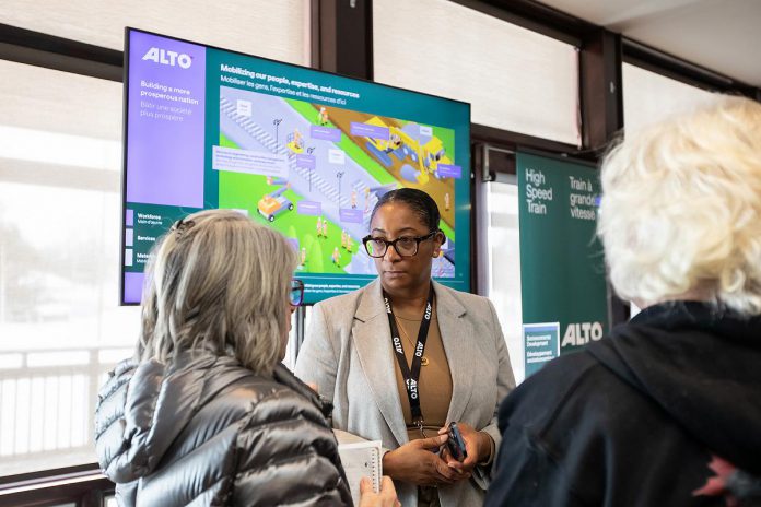 One of the information stations at the open house on the proposed Alto high-speed rail network between Toronto and Quebec City, held at the McDonnel Street Activity Centre in Peterborough on February 26, 2026, showing the workforce, services, and materials requirements for the project. Peterborough city councillor Matt Crowley says having an Alto station in Peterborough would be "transformative" for the city. (Photo: Jordan Lyall / kawarthaNOW)