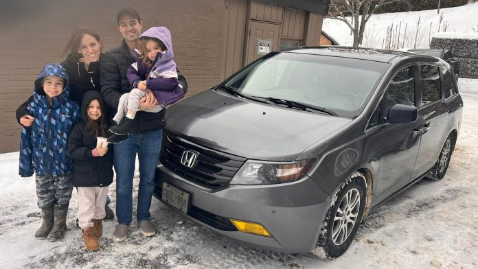 Josh and Ana Mourtzanos with their children and "Caleb the Honda," the family's Honda Odyssey minivan they donated to the Bancroft Community Transit (BCT) in December 2025 before the family moved out of the country. The non-profit rural transportation organization says the family's generous donation has made a huge difference as BCT continues to fundraise to replace several aging vehicles. (Photo courtesy of BCT)