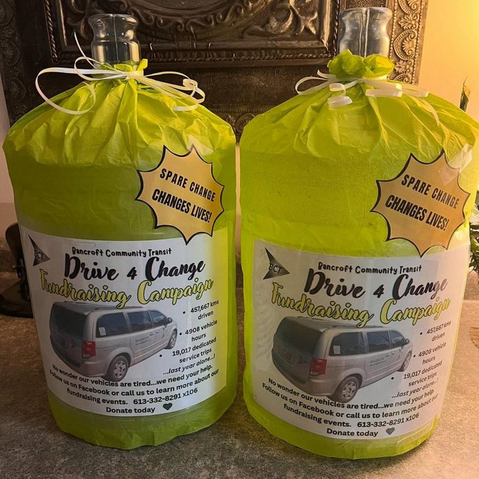 In summer 2025, Bancroft Community Transit (BCT) launched the "Drive 4 Change" fundraising campaign with the goal of raising enough money to replace and upgrade their accessible vehicle fleet. "Buddy buckets" collecting spare change can be found at Wattle & Daub, the organization's social enterprise café, as well as in other businesses across Bancroft. (Photo courtesy of BCT)