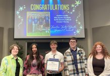 At the 2025 Kawartha Lakes Youth Awards, the Fenelon Falls Youth Impact Council (Ella Austin Scollick, Sofia Entzin-Telford, Cooper Young, and Avalon Loube) won the Leadership Award, with Loube also winning the Humanitarian Award. (Photo: BGC Kawarthas)