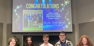 At the 2025 Kawartha Lakes Youth Awards, the Fenelon Falls Youth Impact Council (Ella Austin Scollick, Sofia Entzin-Telford, Cooper Young, and Avalon Loube) won the Leadership Award, with Loube also winning the Humanitarian Award. (Photo: BGC Kawarthas)