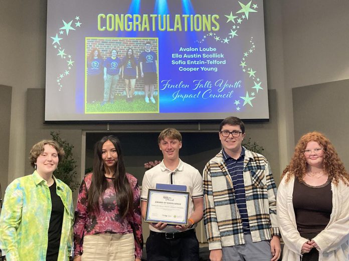 At the 2025 Kawartha Lakes Youth Awards, the Fenelon Falls Youth Impact Council (Ella Austin Scollick, Sofia Entzin-Telford, Cooper Young, and Avalon Loube) won the Leadership Award, with Loube also winning the Humanitarian Award. (Photo: BGC Kawarthas) At the 2025 Kawartha Lakes Youth Awards, the Fenelon Falls Youth Impact Council (Ella Austin Scollick, Sofia Entzin-Telford, Cooper Young, and Avalon Loube) won the Leadership Award, with Loube also winning the Humanitarian Award. (Photo: BGC Kawarthas)