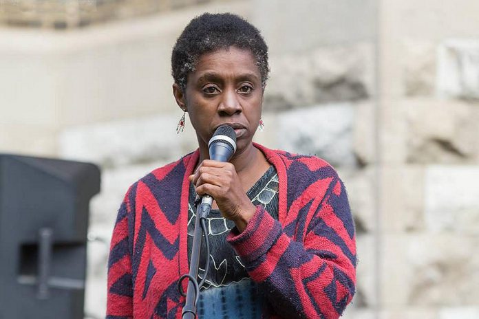 Charmaine Magumbe speaks at the Solidarity Weekend on September 30, 2017, which was organized as a celebration of diversity and inclusivity to peacefully protest a threatened "anti-immigration rally" by a known white supremacist who lived in the area. (Photo: Linda McIlwain / kawarthaNOW.com)