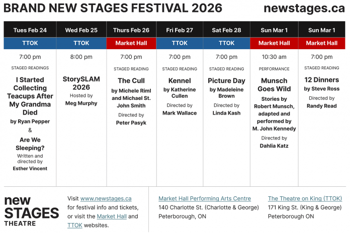 The third annual Brand New Stages Festival presented by New Stages Theatre features three mainstage performances at Market Hall Performing Arts Centre in downtown Peterborough and four shows at The Theatre on King from February 24 to March 1, 2026. (Graphic: New Stages Theatre)