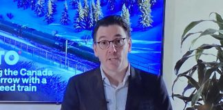 ‘A weapon of mass construction’: Peterborough politicians and business leaders updated on Alto high-speed rail project During an event hosted by the Peterborough and Kawarthas Chamber of Commerce at The Stonehouse Hall on February 19, 2026, Alto CEO Martin Imbleau delivered virtual remarks about the high-speed rail network that will include a stop in Peterborough. Imbleau was scheduled to appear in person but his flight was grounded due to weather conditions. (Photo: Paul Rellinger / kawarthaNOW)