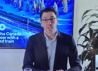 During an event hosted by the Peterborough and Kawarthas Chamber of Commerce at The Stonehouse Hall on February 19, 2026, Alto CEO Martin Imbleau delivered virtual remarks about the high-speed rail network that will include a stop in Peterborough. Imbleau was scheduled to appear in person but his flight was grounded due to weather conditions. (Photo: Paul Rellinger / kawarthaNOW)