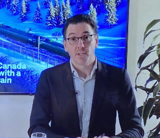 During an event hosted by the Peterborough and Kawarthas Chamber of Commerce at The Stonehouse Hall on February 19, 2026, Alto CEO Martin Imbleau delivered virtual remarks about the high-speed rail network that will include a stop in Peterborough. Imbleau was scheduled to appear in person but his flight was grounded due to weather conditions. (Photo: Paul Rellinger / kawarthaNOW)