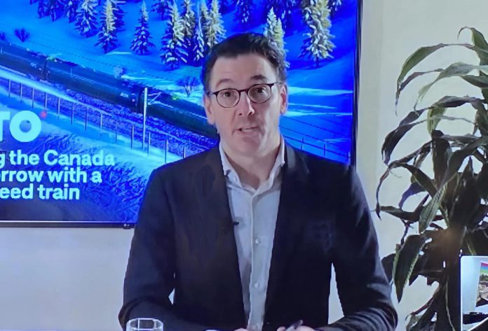 During an event hosted by the Peterborough and Kawarthas Chamber of Commerce at The Stonehouse Hall on February 19, 2026, Alto CEO Martin Imbleau delivered virtual remarks about the high-speed rail network that will include a stop in Peterborough. Imbleau was scheduled to appear in person but his flight was grounded due to weather conditions. (Photo: Paul Rellinger / kawarthaNOW)