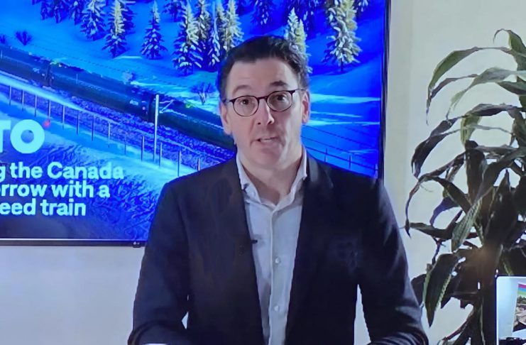 During an event hosted by the Peterborough and Kawarthas Chamber of Commerce at The Stonehouse Hall on February 19, 2026, Alto CEO Martin Imbleau delivered virtual remarks about the high-speed rail network that will include a stop in Peterborough. Imbleau was scheduled to appear in person but his flight was grounded due to weather conditions. (Photo: Paul Rellinger / kawarthaNOW)