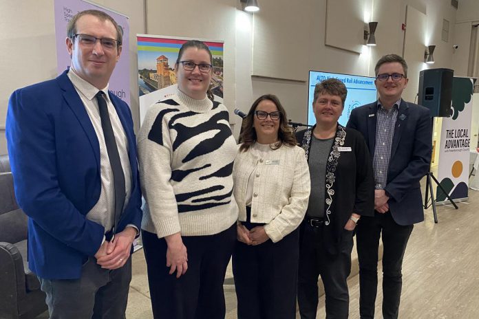 Alto senior advisor of Ontario community relations Joel Wiebe (previously vice president of government relations and operations of the Peterborough and Kawarthas Chamber of Commerce), Curve Lake economic development manager Leisha Newton, Peterborough County economic development general manager Rhonda Keenan, Chamber president and CEO Brenda Whitehead, and City of Peterborough economic development director Darryl Julott during a Chamber event at The Stonehouse Hall on February 19, 2026 where attendees heard from Alto CEO Martin Imbleau about the high-speed rail network that will include a stop in Peterborough. (Photo: Paul Rellinger / kawarthaNOW)